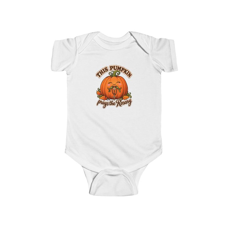 Baby Pumpkin Prays the Rosary Bodysuit with infant Catholic Halloween One Piece