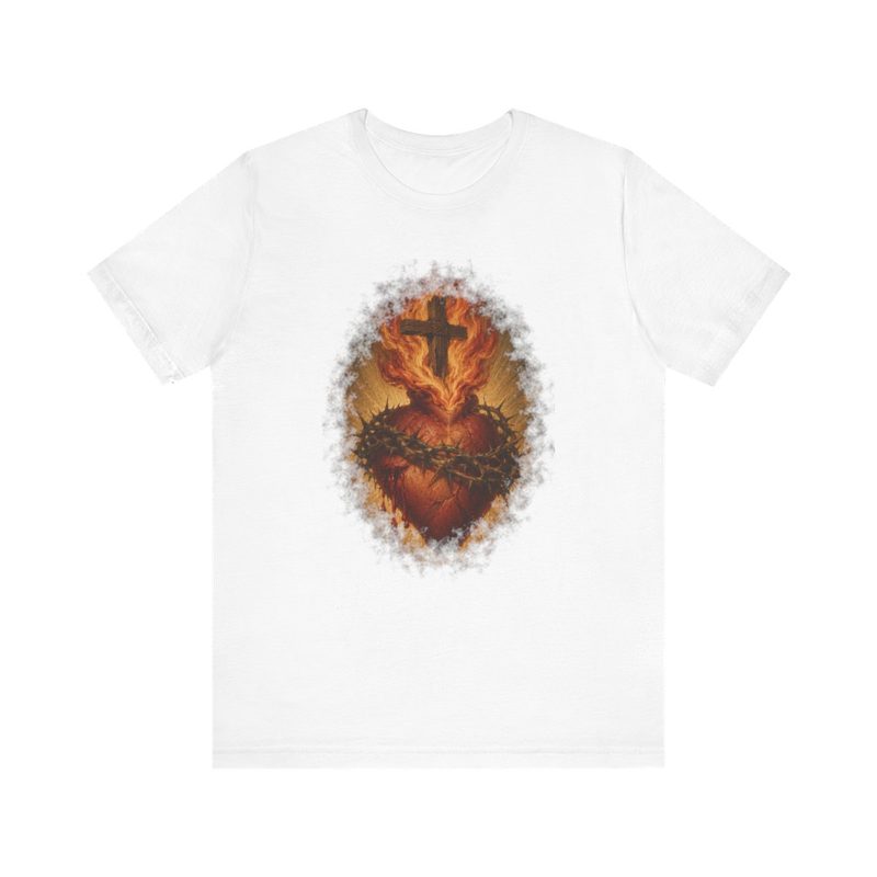 Flaming Sacred Heart Shirt with realistic Jesus Cross and Crown of Thorns