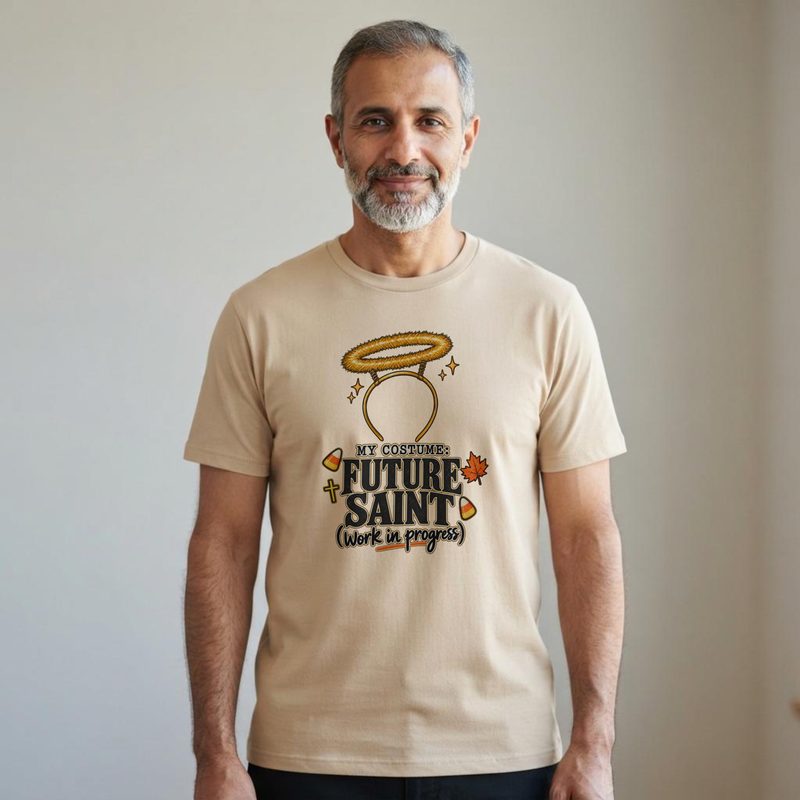 Model wearing the Future Saint Shirt with my Costume Funny Catholic Halloween Tee