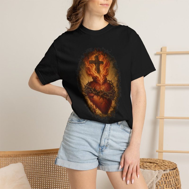 Glowing Sacred Heart Tee with wooden Cross and Golden Rays