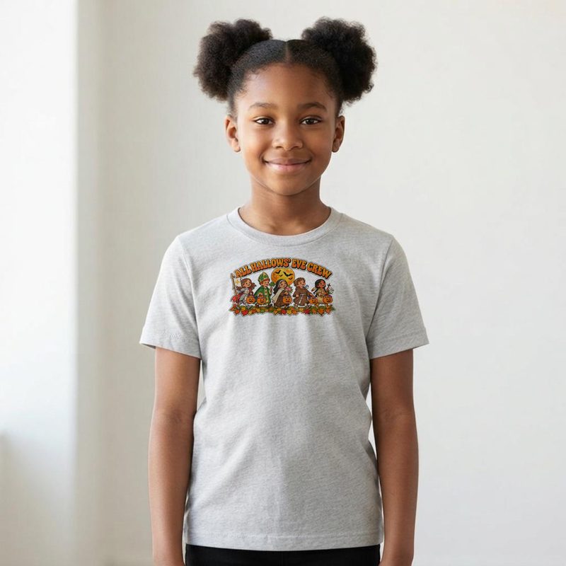 Model wearing the Kids All Hallows Eve Crew Shirt with youth Saint Costume Parade Tee