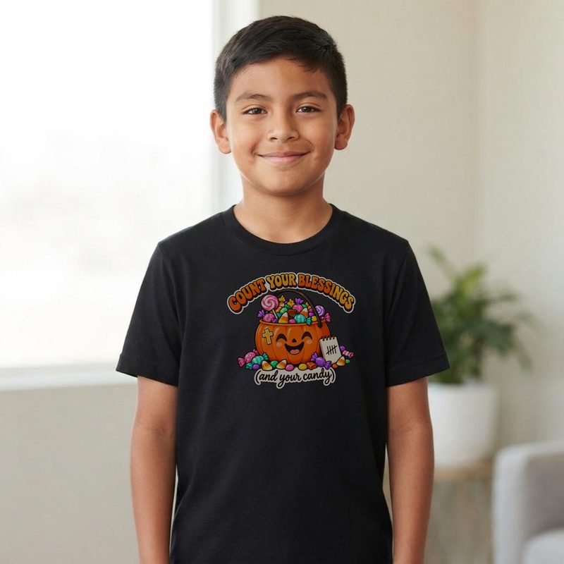 Model wearing the Kids Halloween Shirt with count Your Blessings Candy Pumpkin