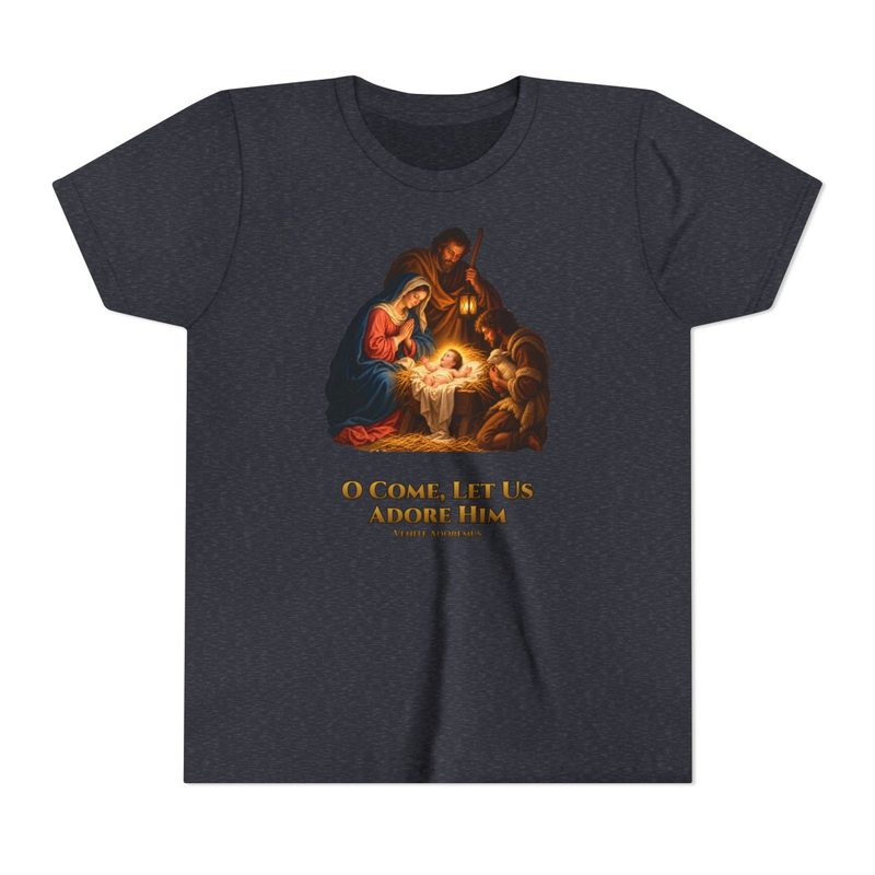 Kids O Come Let Us Adore Him Shirt with youth Nativity Christmas Tee