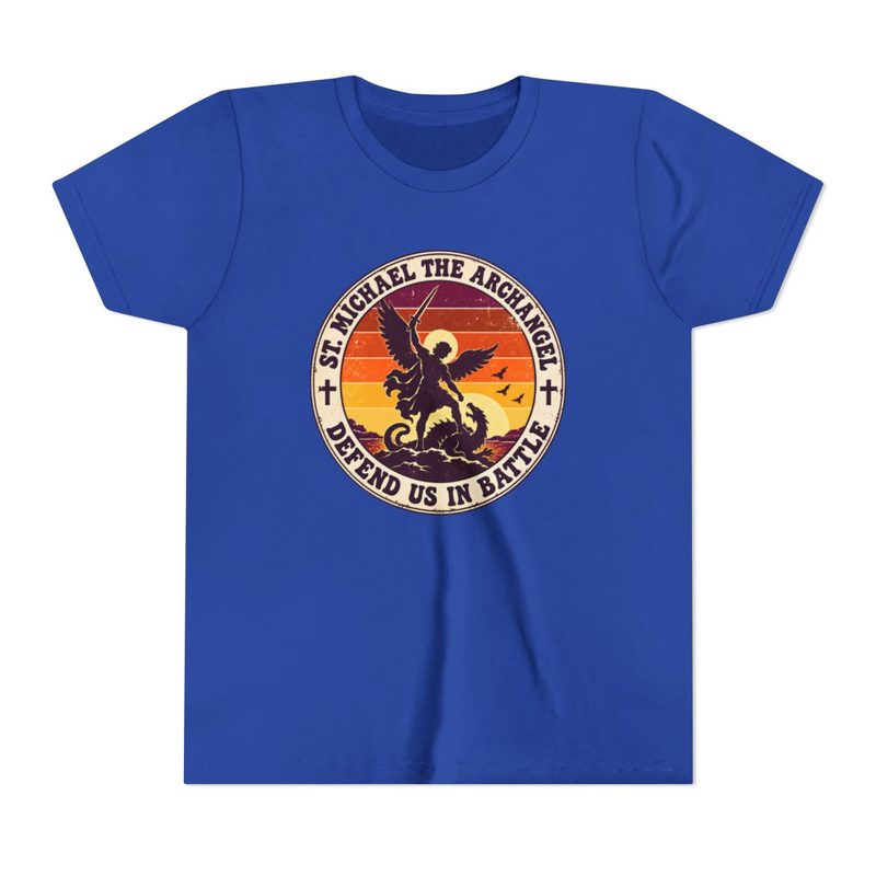 Kids Retro St Michael Badge Shirt with youth Defend Us in Battle Tee