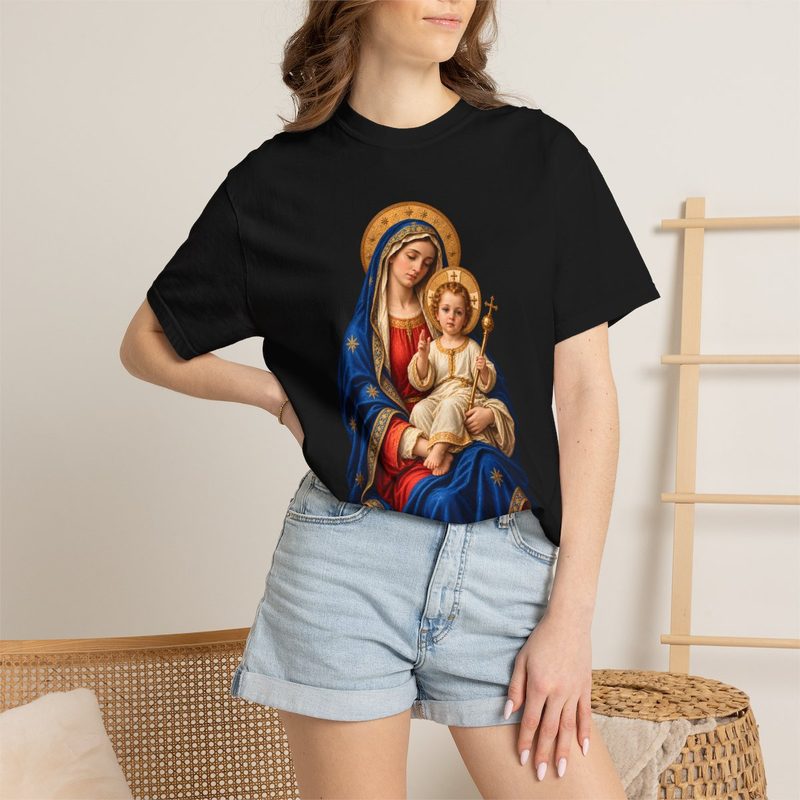 Madonna and Child Tee with mother Mary with Baby Jesus Golden Halos