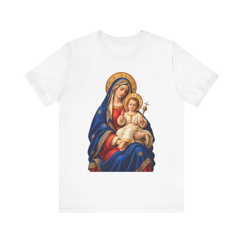 Madonna and Child Shirt with mother Mary Holding Baby Jesus Golden Halo Tee