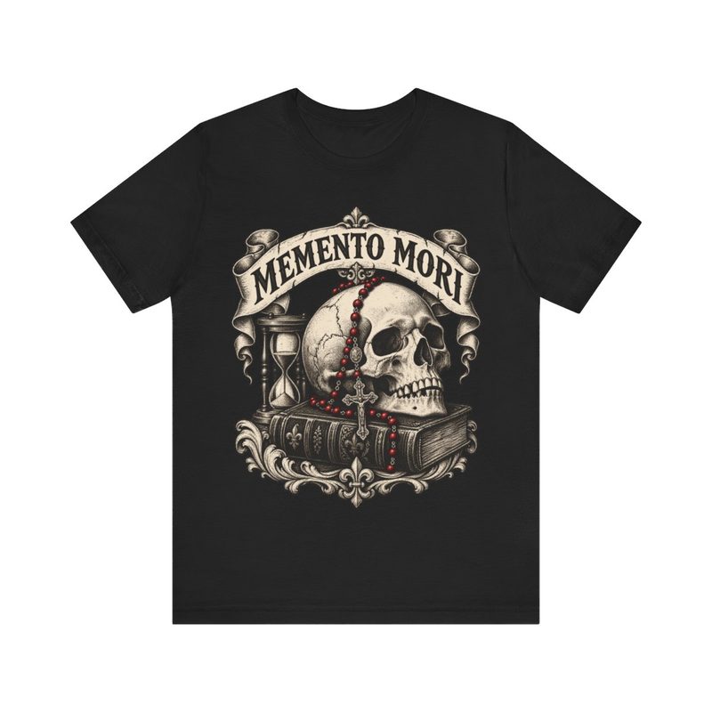Memento Mori Shirt with catholic Skull with Rosary and Hourglass