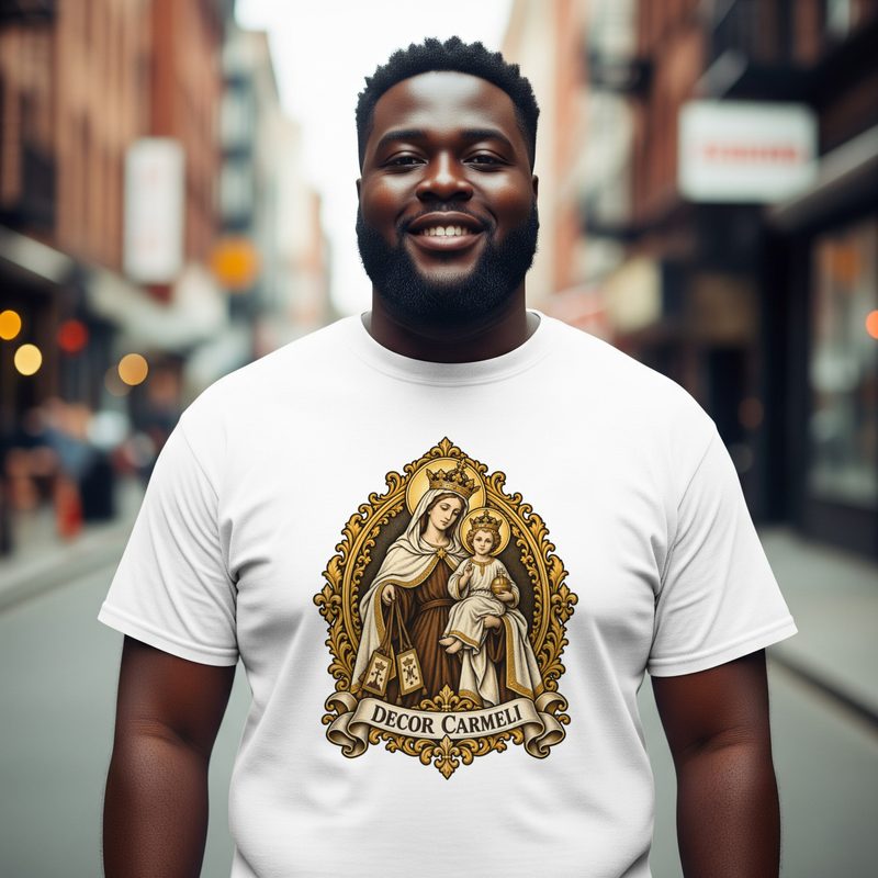 Model wearing the Mount Carmel Madonna Shirt with brown Scapular Devotion Tee