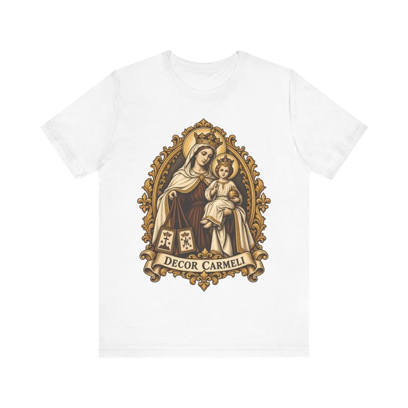 Our Lady of Mount Carmel Shirt with decor Carmeli Brown Scapular Tee