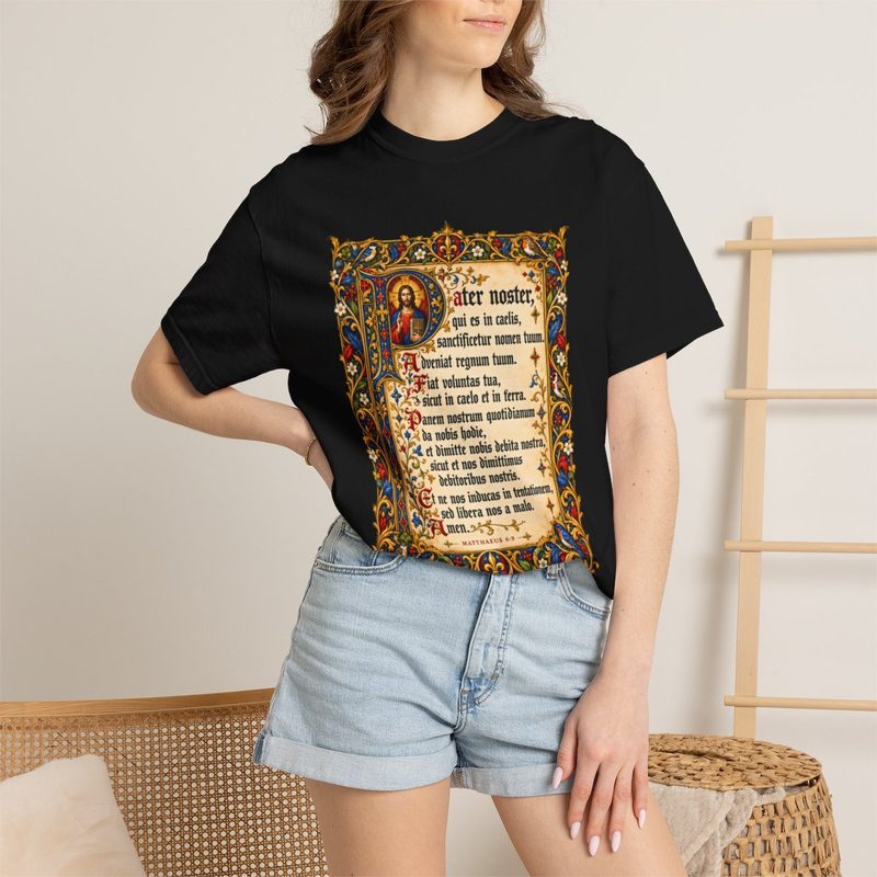 Pater Noster Tee with latin Our Father Illuminated Manuscript