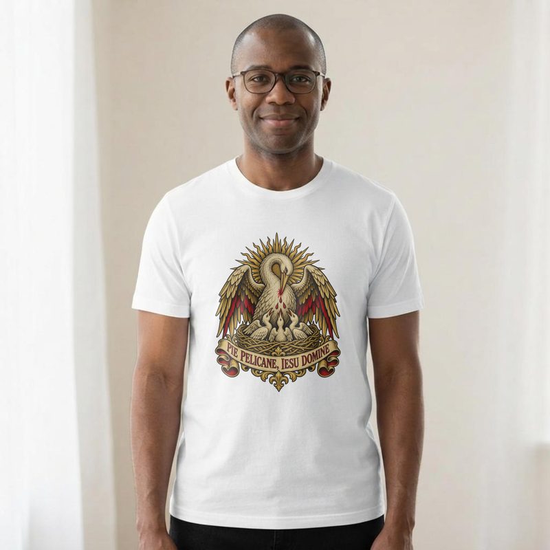 Model wearing the Pie Pelicane Shirt with pelican in Her Piety Eucharist Tee