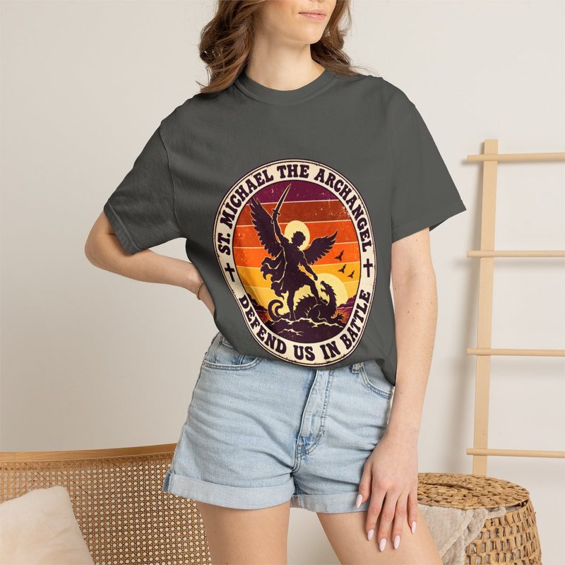 Retro St Michael Badge Tee with defend Us in Battle Sunset