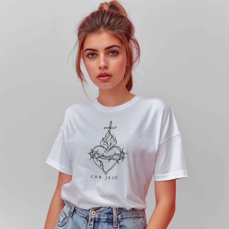 Model wearing the Sacred Heart Line Art Shirt with single Stroke Jesus Drawing with Crown of Thorns
