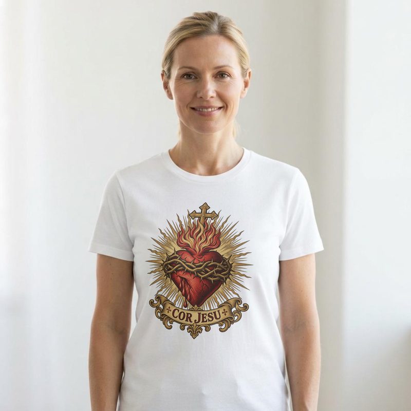 Model wearing the Sacred Heart of Jesus Shirt with cor Jesu Golden Sunburst Rays