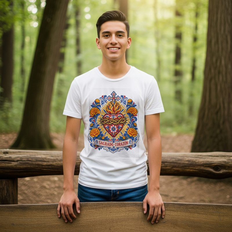 Model wearing the Sacred Heart Shirt with sagrado Corazón Mexican Folk Art Tee