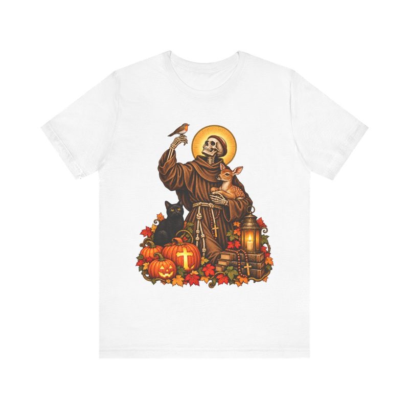 Skeleton St Francis Tee with spooky Catholic Saint with Deer Robin Black Cat