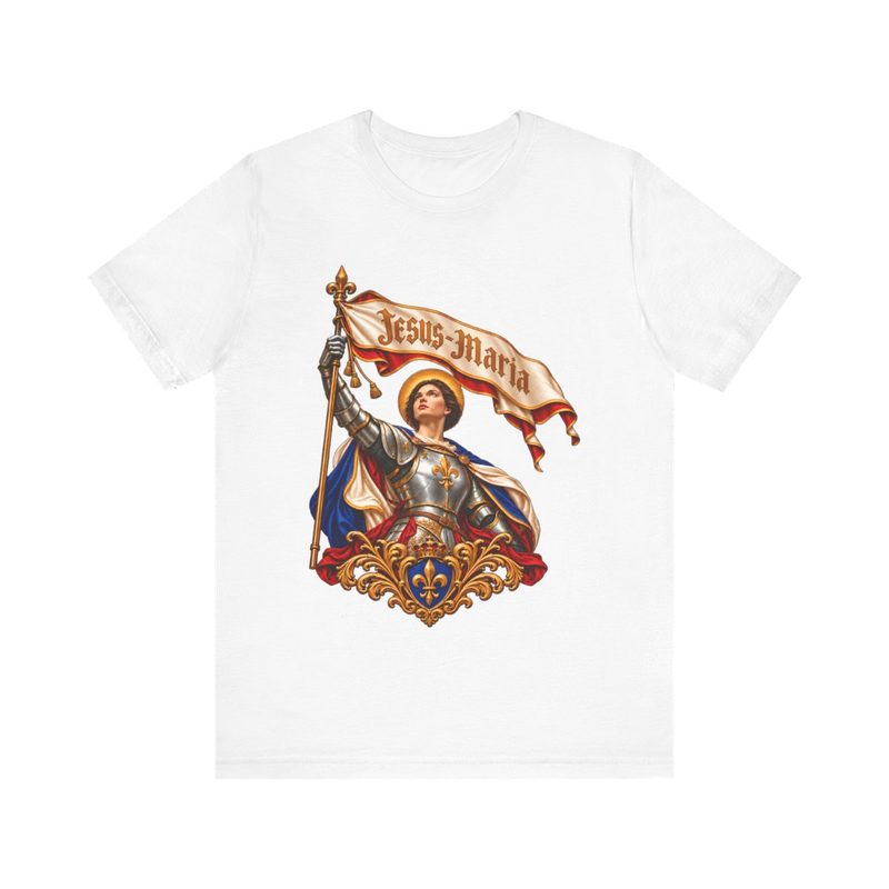 St Joan of Arc Shirt with jesus Maria Banner Maid of Orleans in Armor