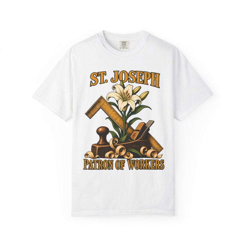 St Joseph Patron of Workers Shirt with Carpenter Tools and Lily