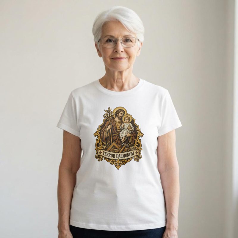 Model wearing the St Joseph Terror of Demons Shirt with holding Child Jesus and Lily Tee