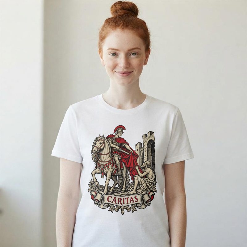 Model wearing the St Martin of Tours Shirt with roman Soldier Sharing His Cloak