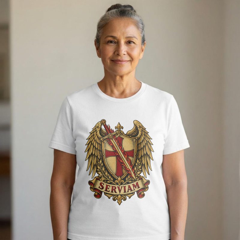 Model wearing the St Michael Crest Shirt with winged Shield and Flaming Sword Tee