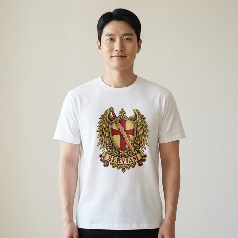 Model wearing the St Michael Sticker Style Shirt with winged Crest Emblem Tee