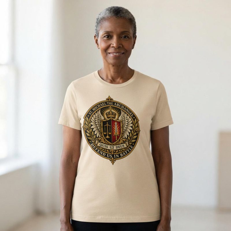 Model wearing the St Michael the Archangel Crest Shirt with defend Us in Battle Tee