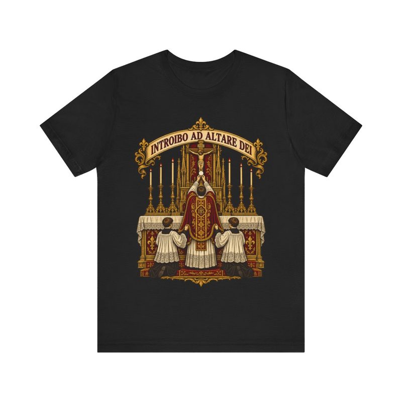Traditional Latin Mass Shirt with introibo ad Altare Dei Tee