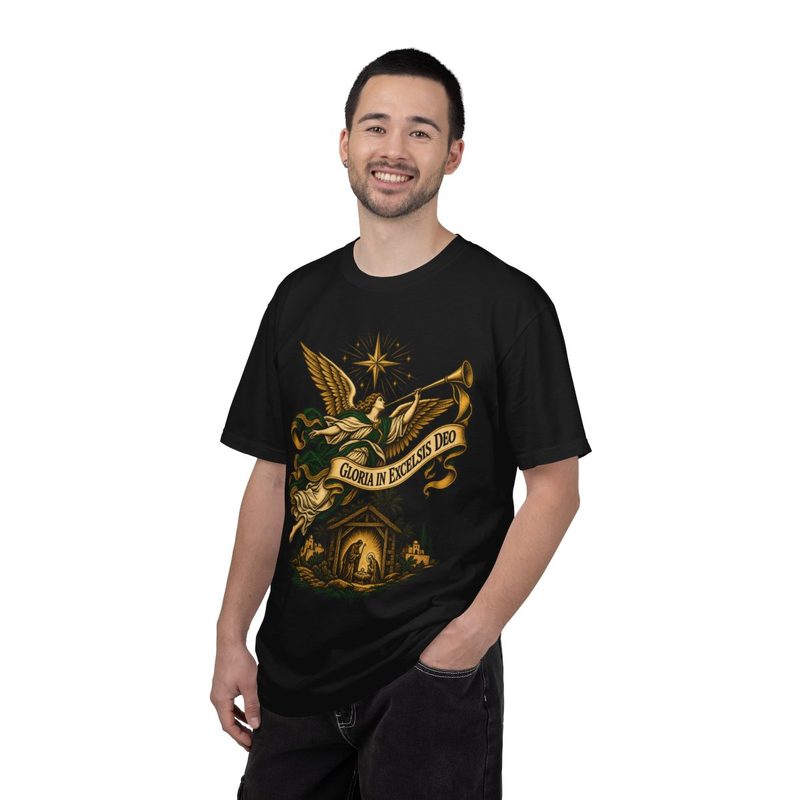 Gloria in Excelsis Deo Shirt, Black shirt worn by a man