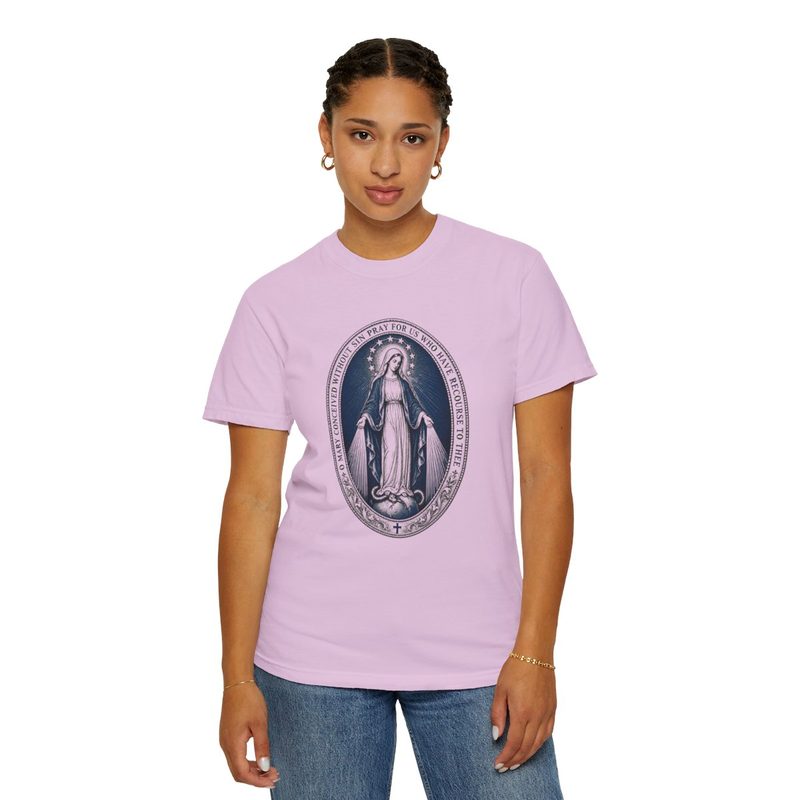 Our Lady of Grace Tee, Orchid shirt worn by a woman