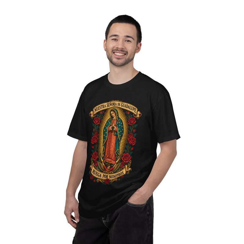Nuestra Señora de Guadalupe Tee, Black shirt worn by a man