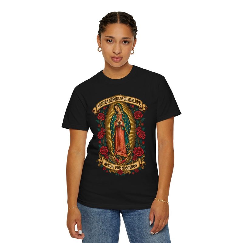Nuestra Señora de Guadalupe Tee, Black shirt worn by a woman