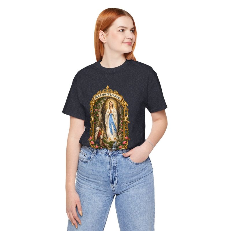 Our Lady of Lourdes Shirt, Heather Navy shirt worn by a woman