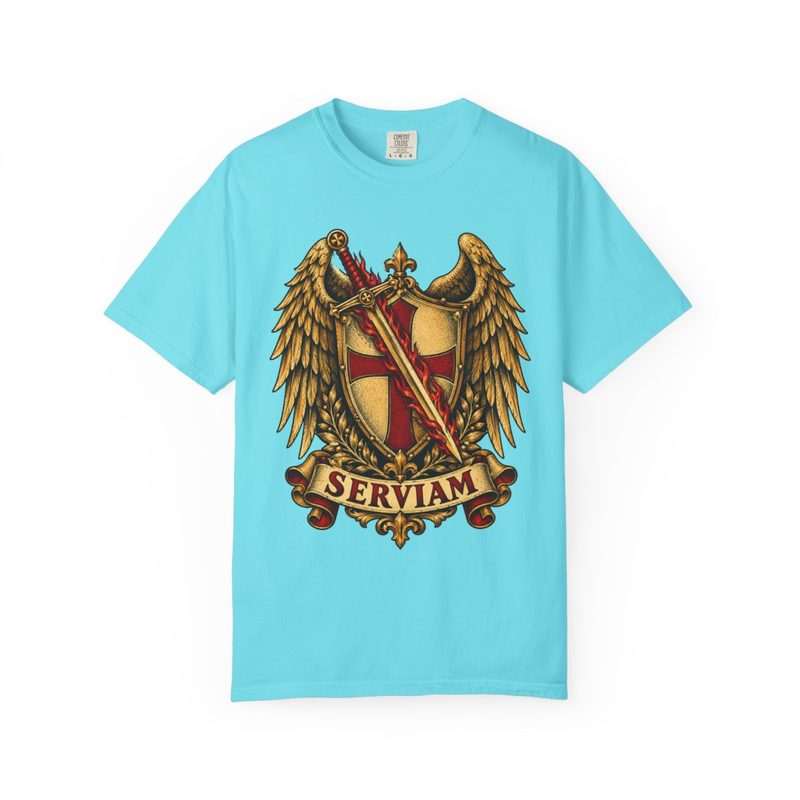 Saint Michael Heraldic Crest Tee, Lagoon Blue shirt